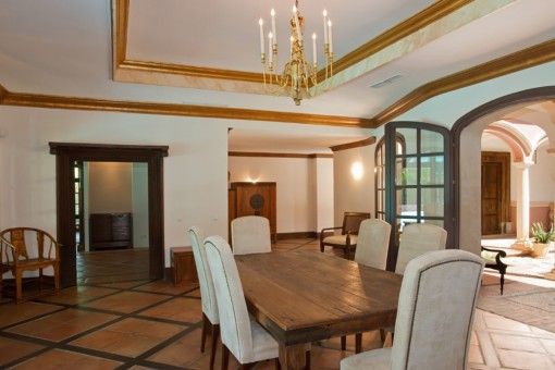 Dining area with chandelier