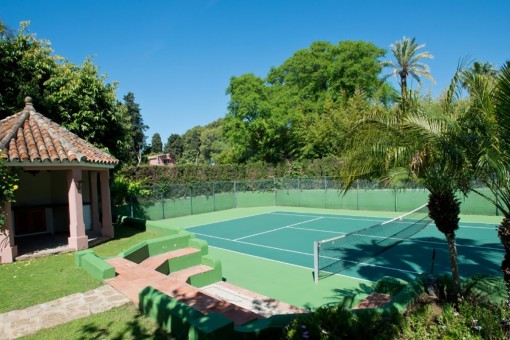 Tennis court with bench