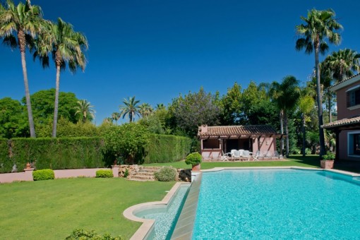 Pool area with access to the garden house