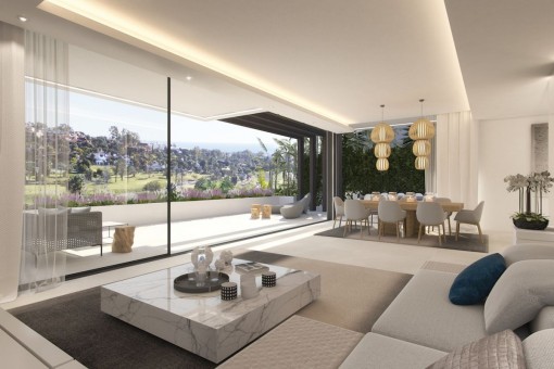 Light-flooded living and dining area