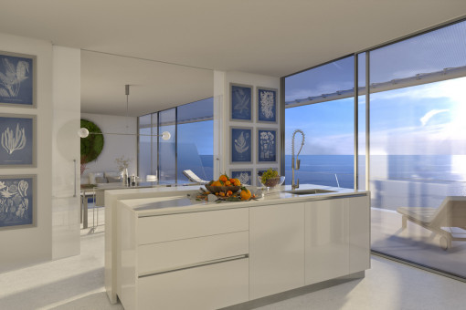 Open plan fully equipped kitchen