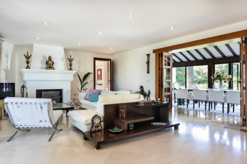 Light-flooded living area with fireplace